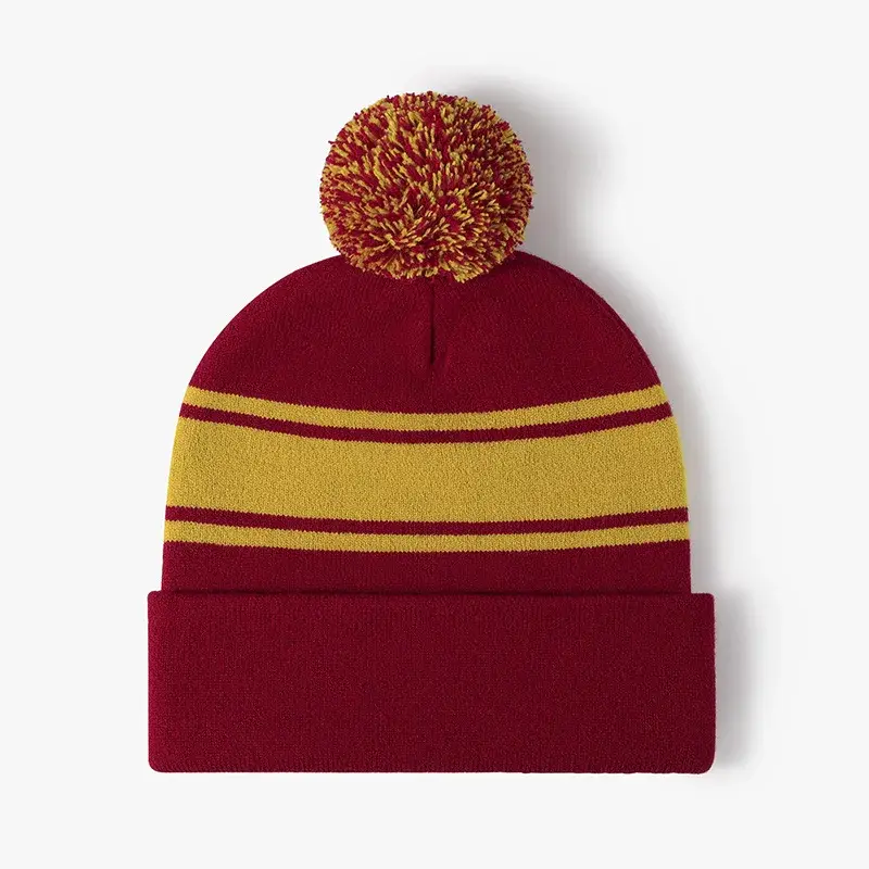 90s Pom Pom Striped Beanie Hat