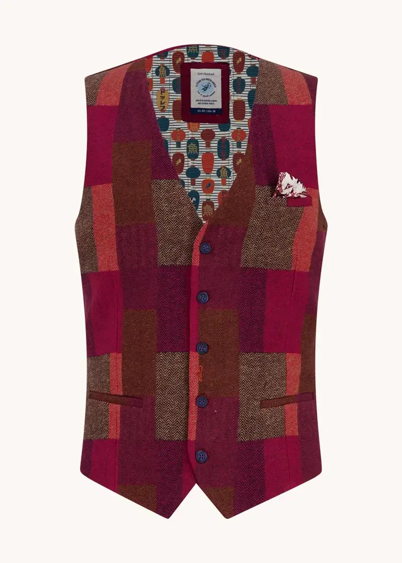 A Fish Named Fred Bold Check Gilet Burgundy