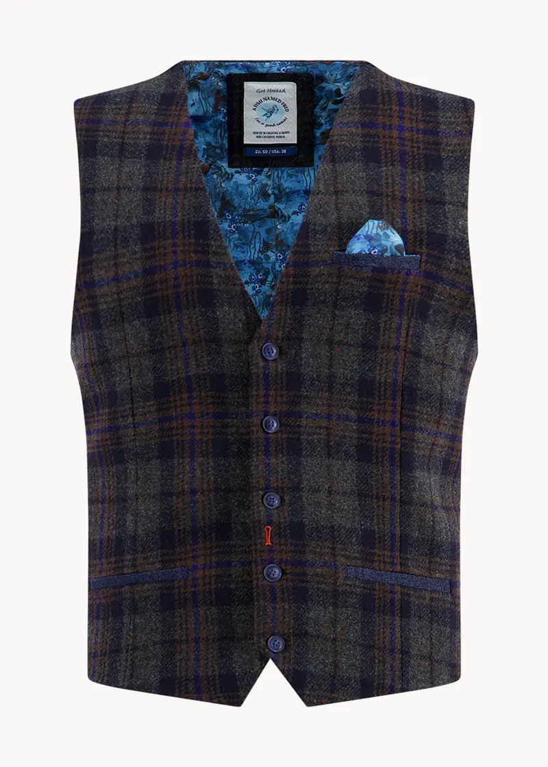 A Fish Named Fred Tartan Wool Waistcoat Navy