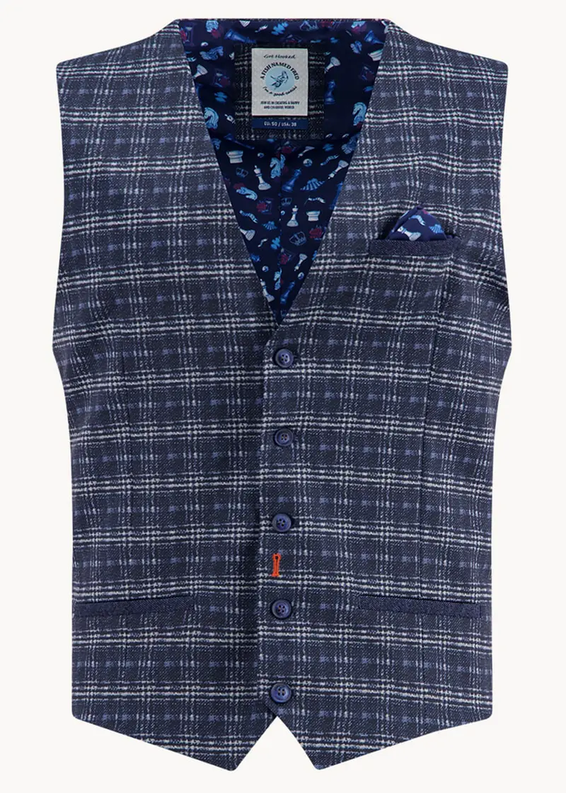 A Fish Named Fred Travel Check Waistcoat Blue