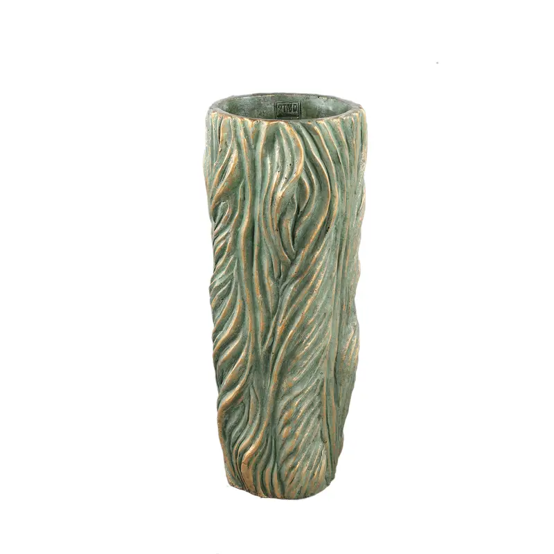 Alexio Green Round Cement Pot Wavy Lines High L Ø20xH45cm PTMD