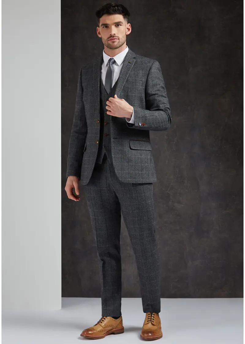 Antique Rogue Men's Emerson Herringbone Trousers Grey Blue