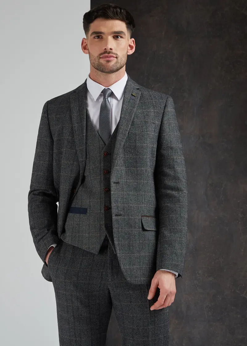 Antique Rogue Men's Emerson Herringbone Waistcoat Grey Blue
