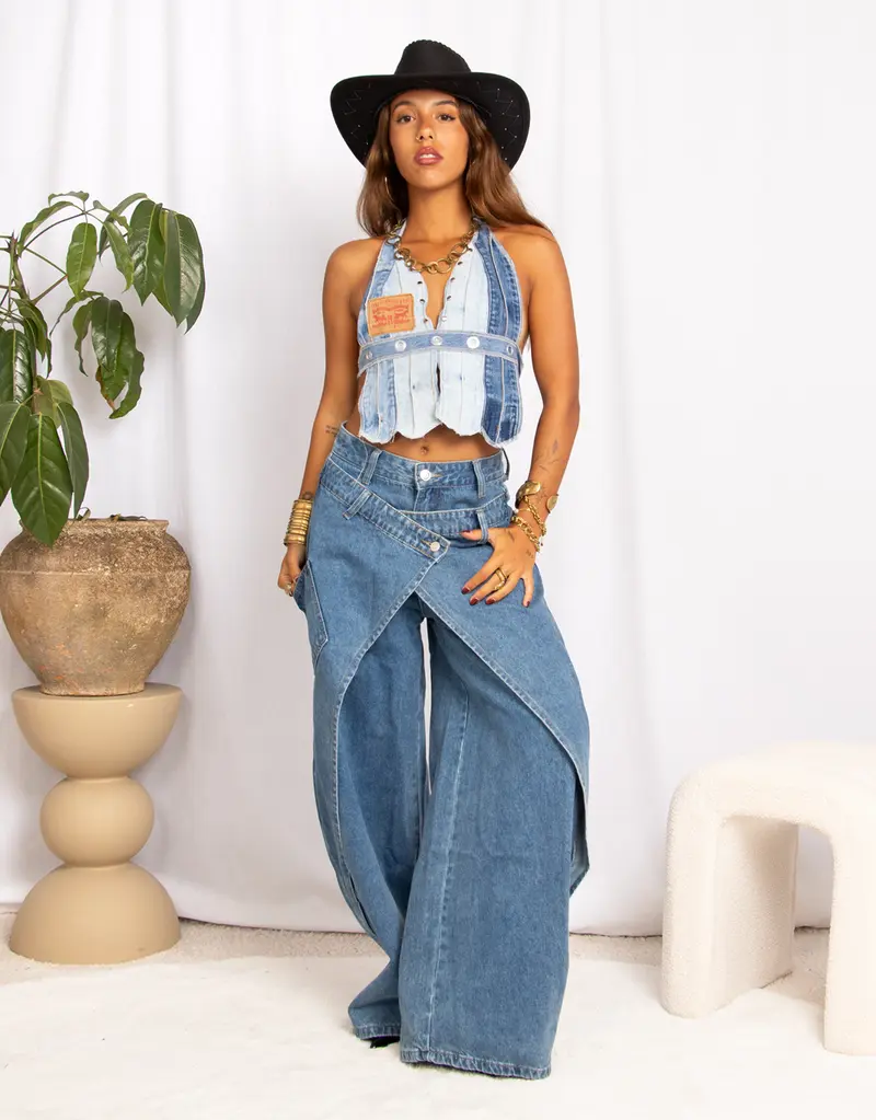 Asymmetric wrap wide leg jeans