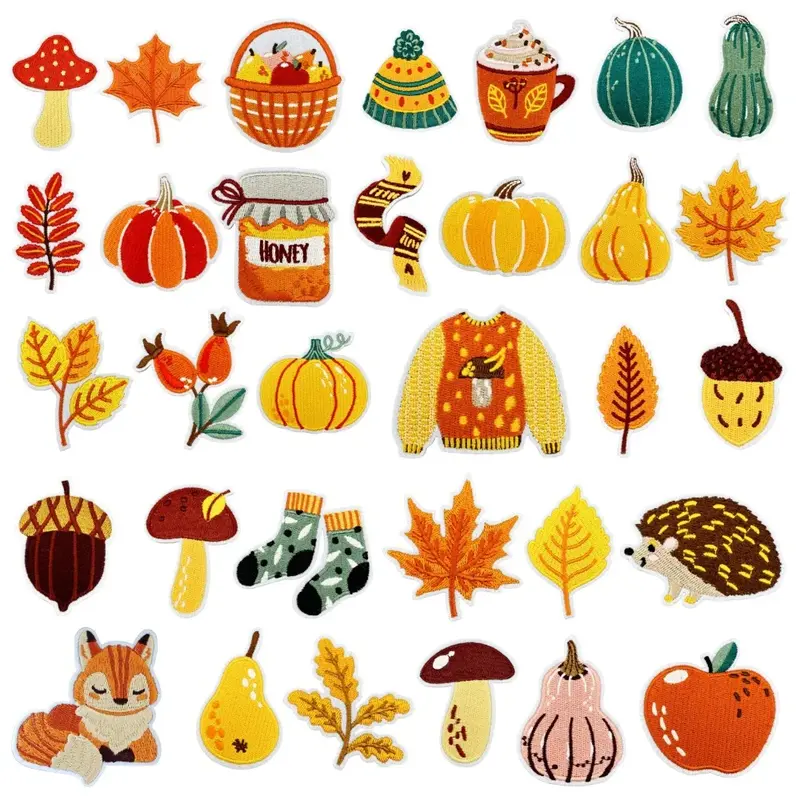 Autumn Themed Embroidered Iron-On Patches