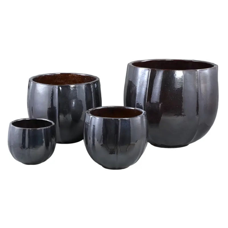 Ayasha Silver glazed ceramic pot shiny round Set van 4 PTMD