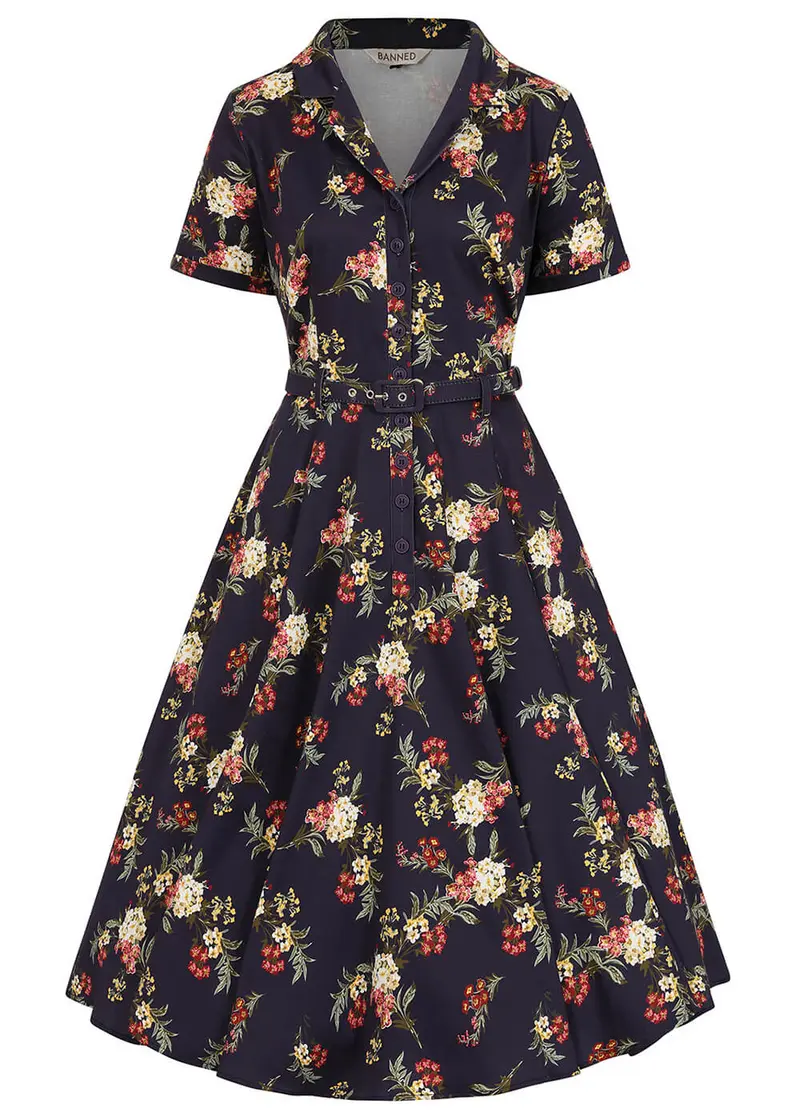 Banned Retro Bella Romantic Floral 50s Swing Dress Blue