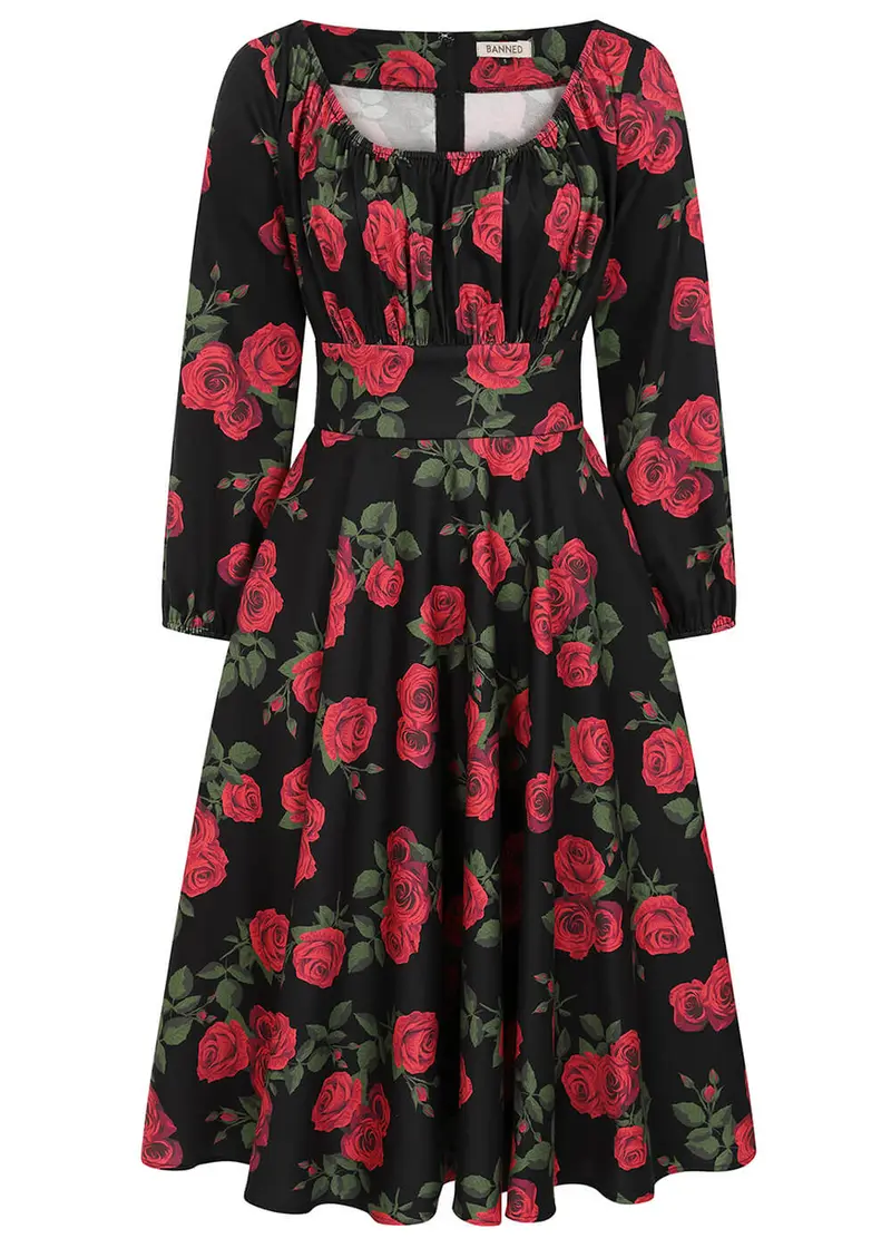 Banned Retro Mina Romantic Roses Black Swing Dress