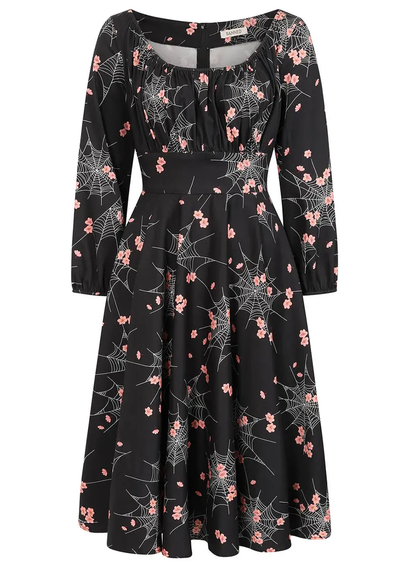 Banned Retro Mina Spiderweb Blossom 50's Swing Dress Black
