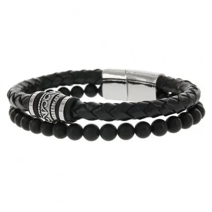 BARONG BARONG 14EA armband Leather and Beads zwart (21cm)