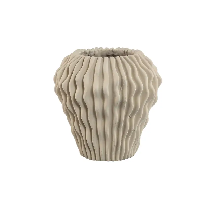 Barren Beige Cement Round Vase 3D Wavy Pattern L PTMD
