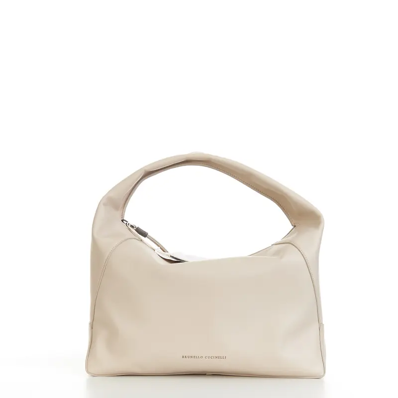 Beige Leather Hobo Single Handle Handbag With Monili Detail