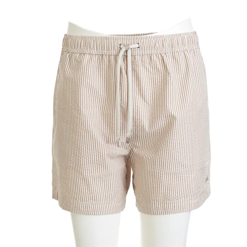 Beige Striped Swim Trunks
