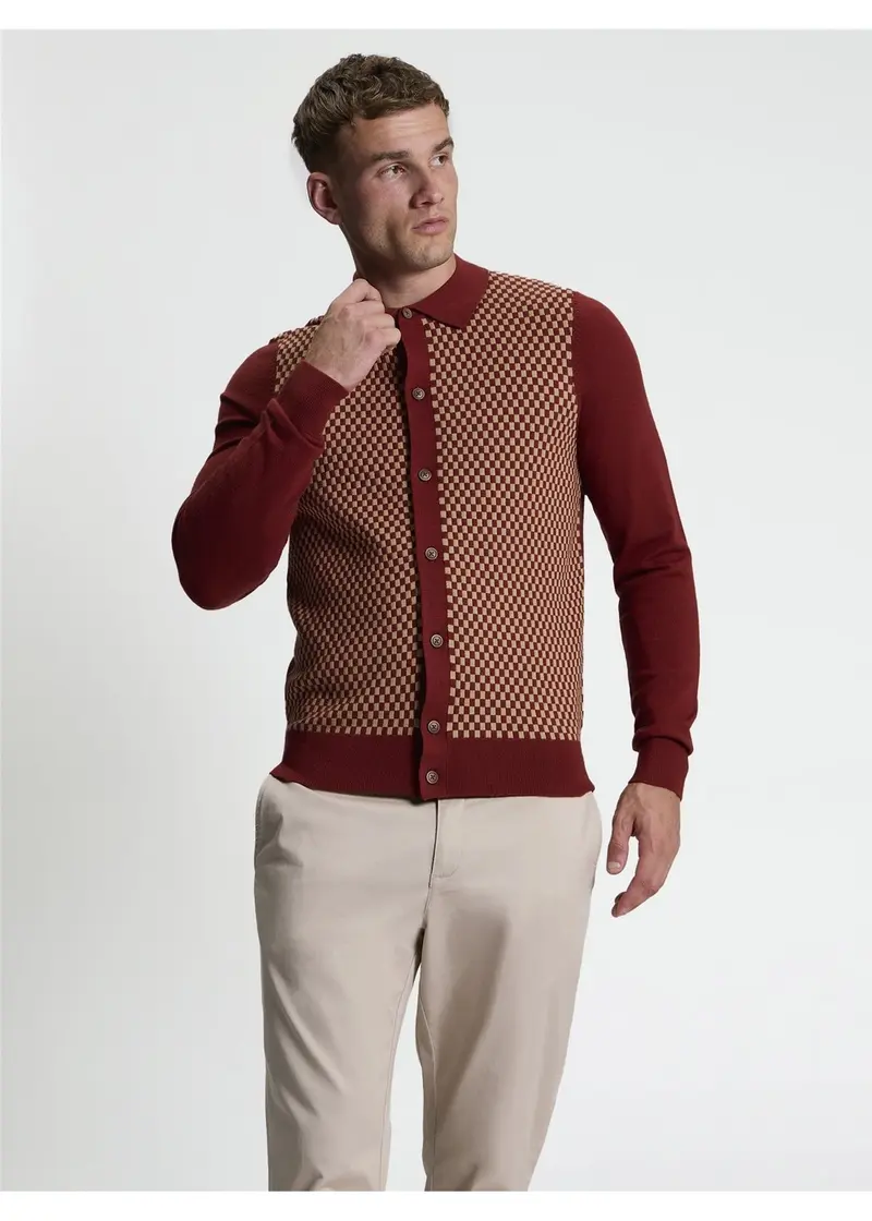 Ben Sherman Contrast Checkerboard Knitted Shirt Sienna Brown