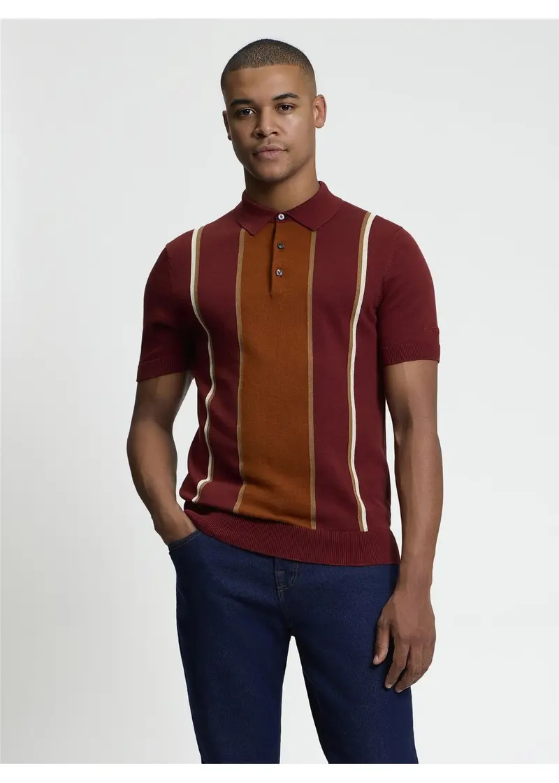 Ben Sherman Mod Stripe Knitted Polo Sienna Brown