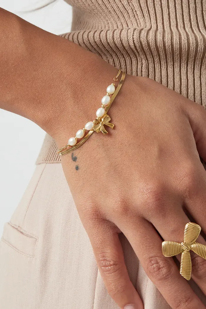 Bijoutheek Armband (Sieraad) Dubbel Parels Strikje Slang