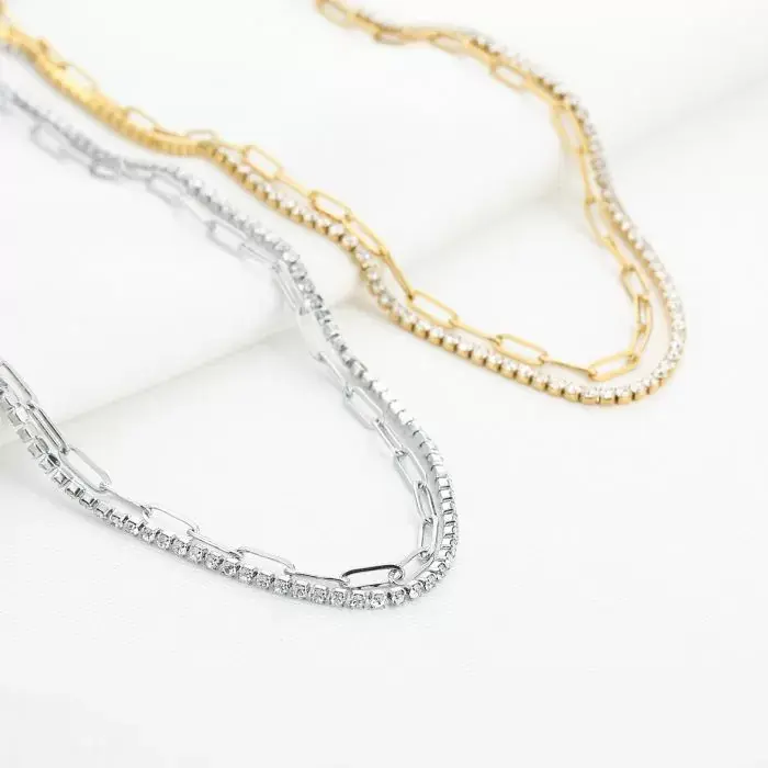 Bijoutheek Collier Dubbele ketting schakels en stenen
