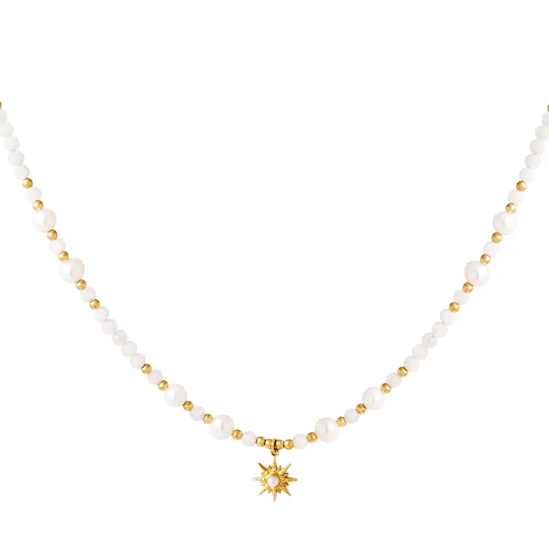 Bijoutheek Collier Witte Kralen Parels Zon Goud