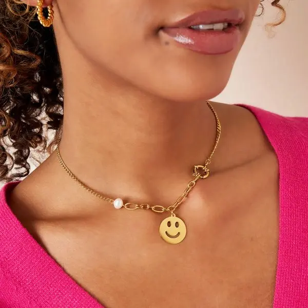 Bijoutheek Ketting Smiley Parel Goud