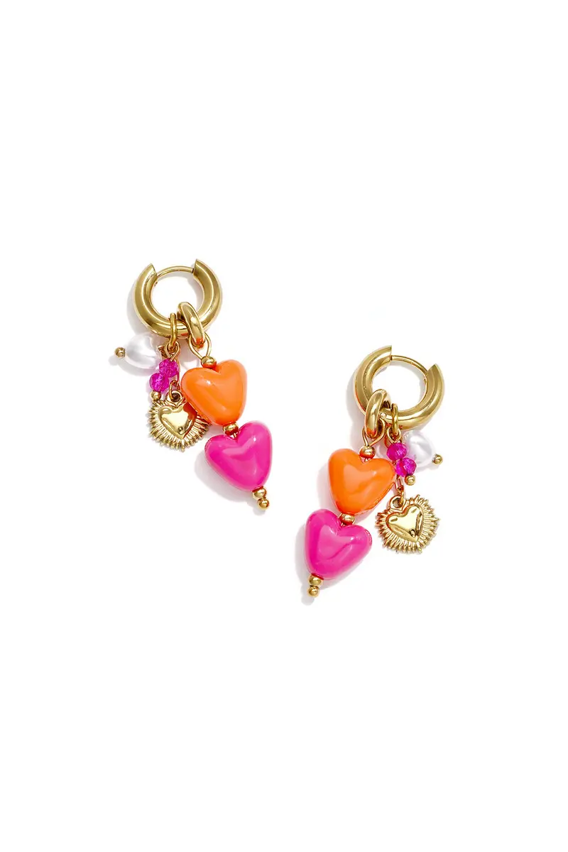 Bijoutheek Oorhangers Parel Hart Kralen Fuchsia Oranje