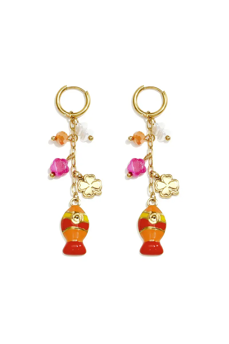 Bijoutheek Oorhangers Vis Kralen Klaver Fuchsia Oranje