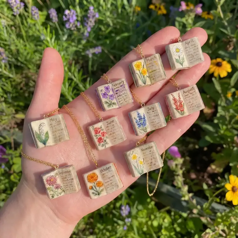 Birthday Month Flower Book Charm Necklace