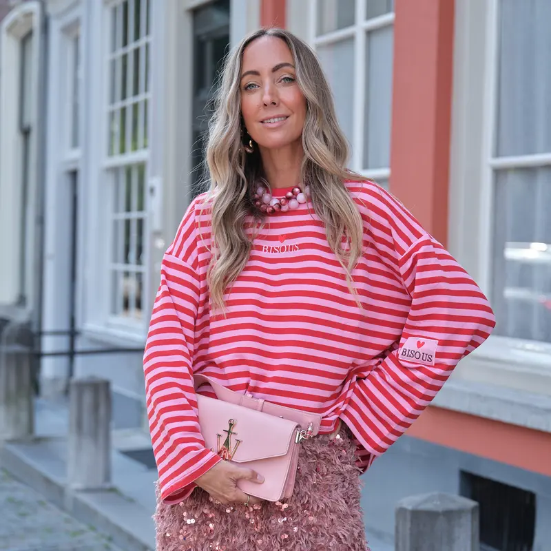 Bisous streep sweater roze rood