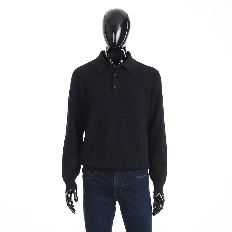 Black Cotton, Silk And Cashmere Trama Weave Polo Sweater