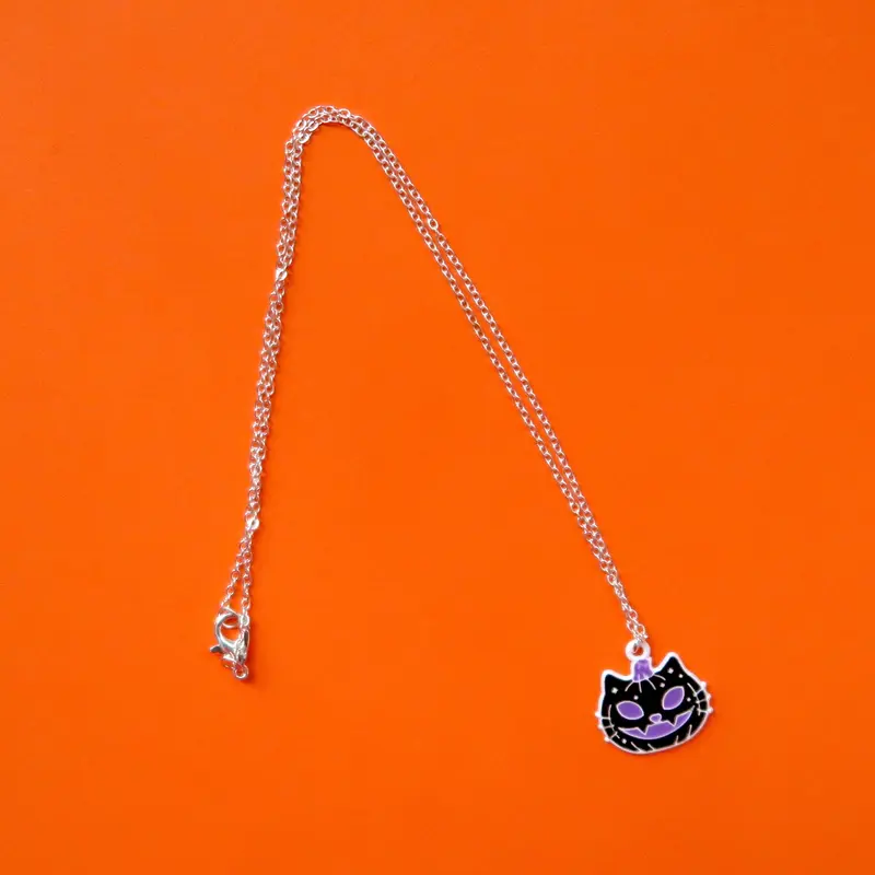 Black Jack-O-Lantern Cat Pumpkin Charm Necklace