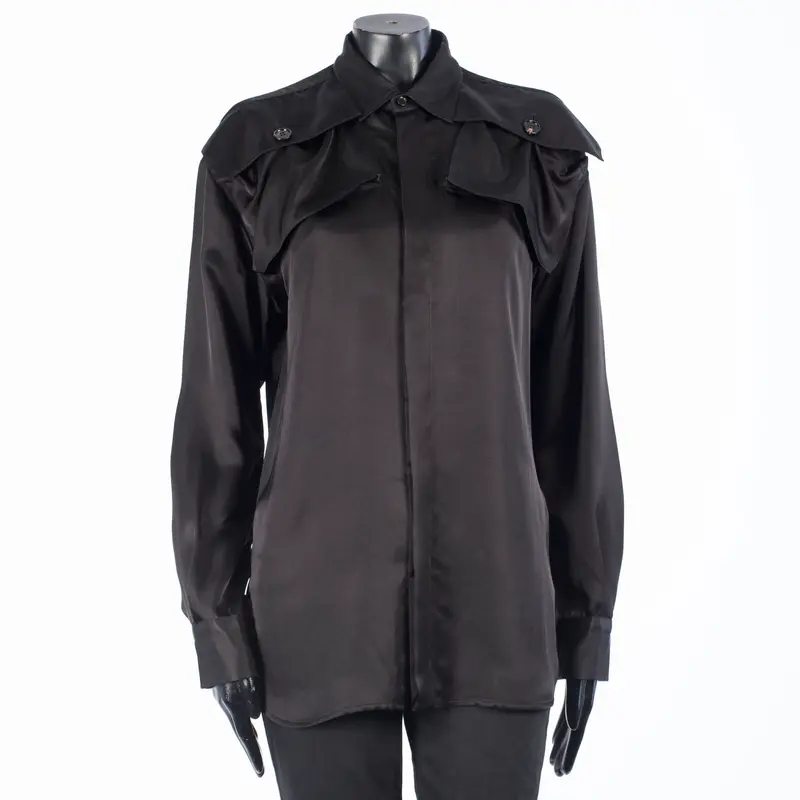 Black Patch Pocket Satin Shirt In Viscose