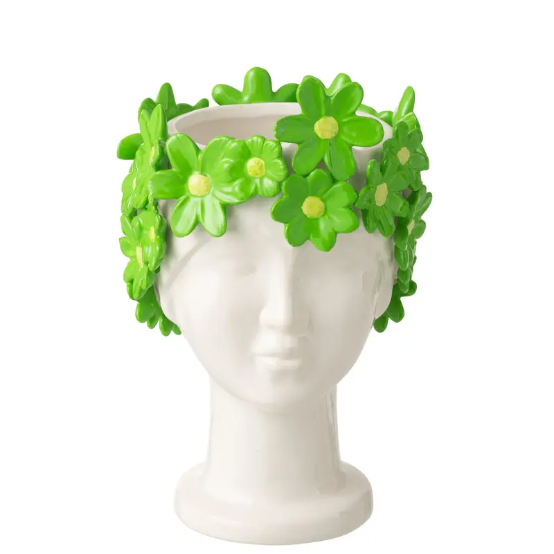 Bloempot Dame Bloemen Keramiek Wit/Groen J-Line
