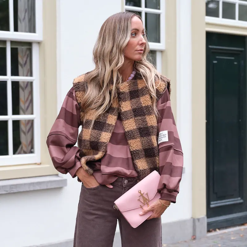 Blokjes teddy gilet Bruin Camel One Size
