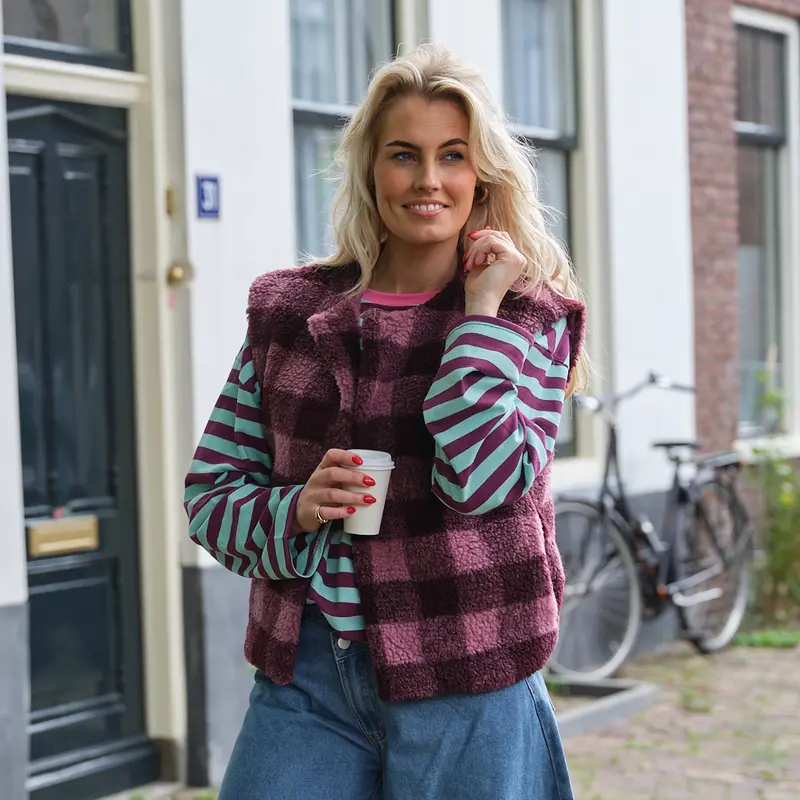 Blokjes teddy gilet plum