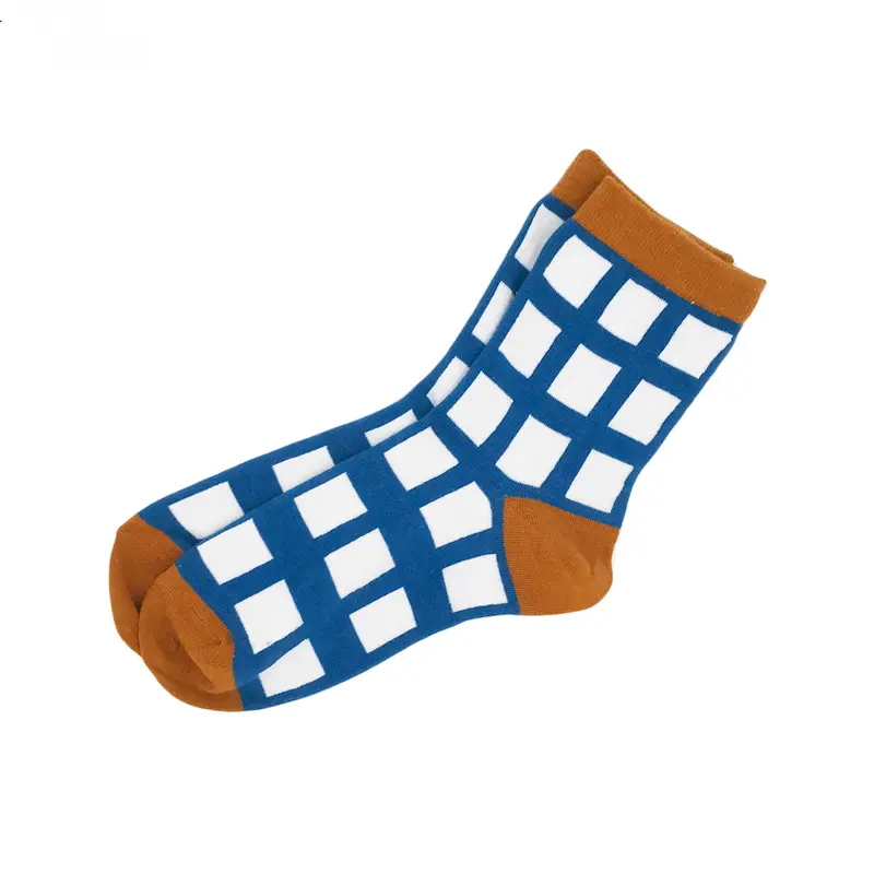 Blue and Brown Grid Crew Socks