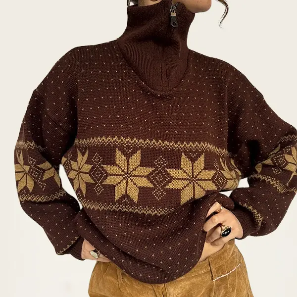 Bordeauxkleurige winter vintage pullover met rits