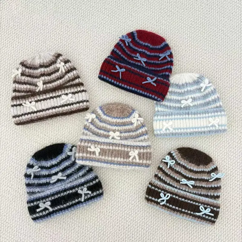 Bow Detail Striped Knit Beanie