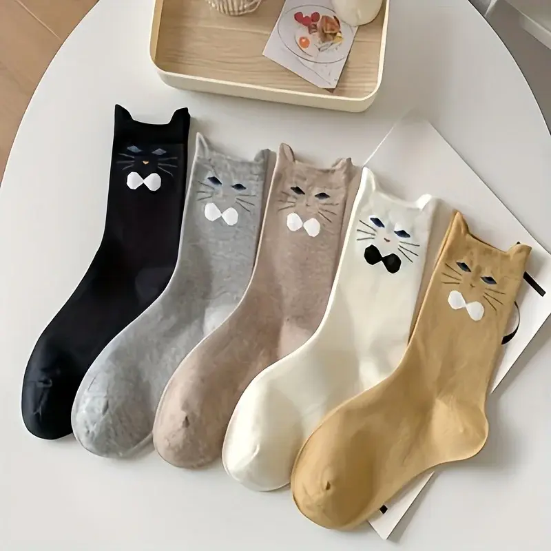 Bowtie Kitty Cat Crew Socks, Set of 5