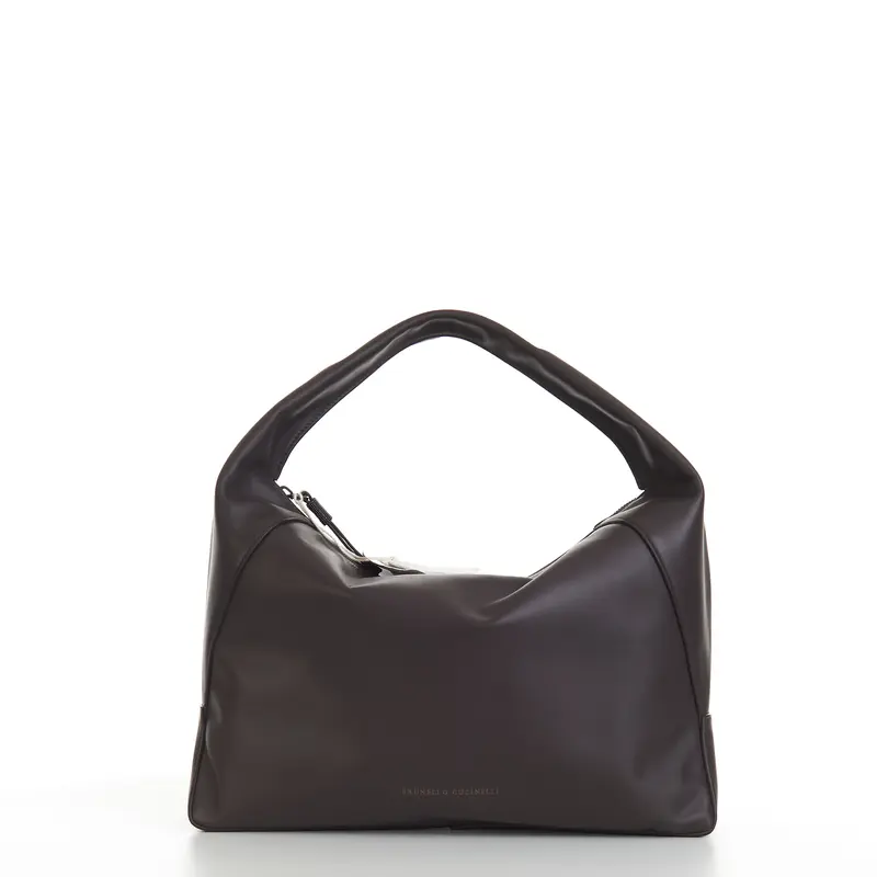 Brown Leather Hobo Single Handle Handbag With Monili Detail