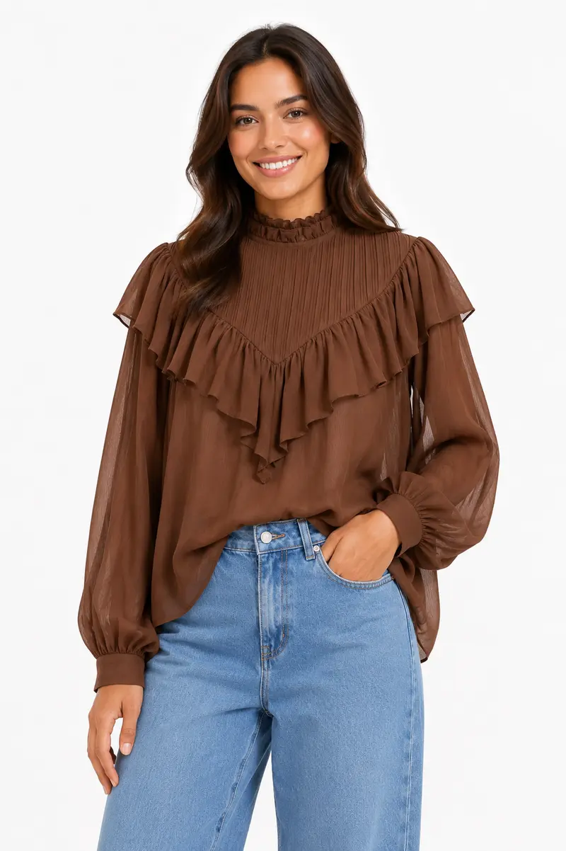 Bruine ruffle blouse