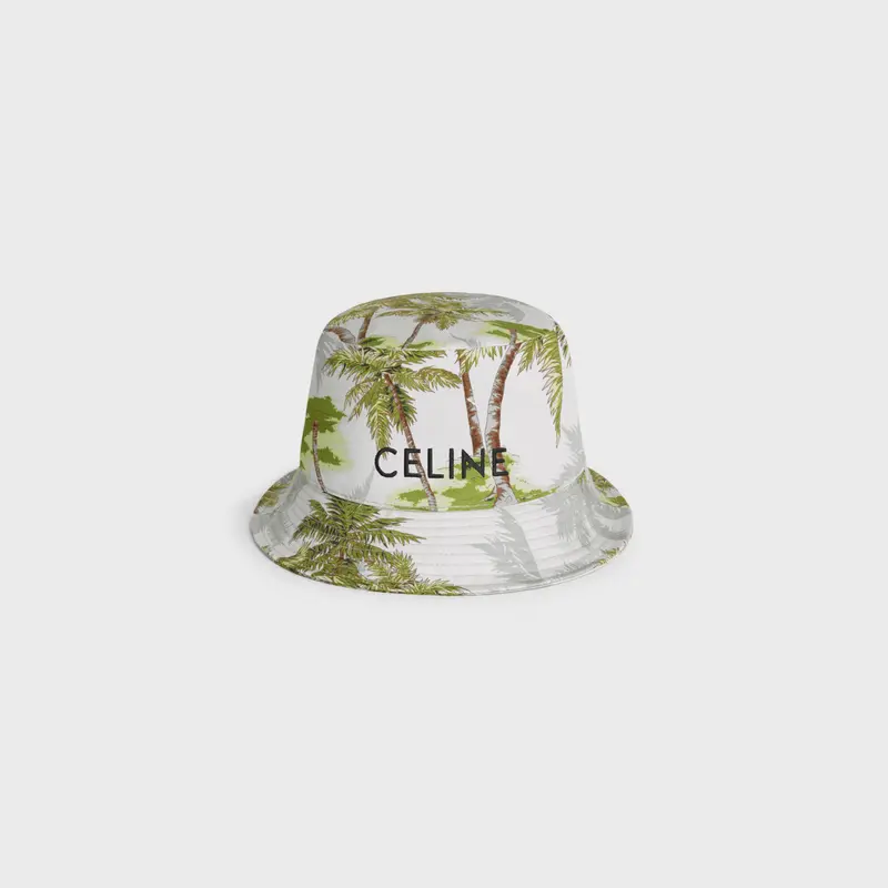Bucket Hat - Drawstring, Celine Embroidery Ombre Palm Tree Print Cotton Gabardine