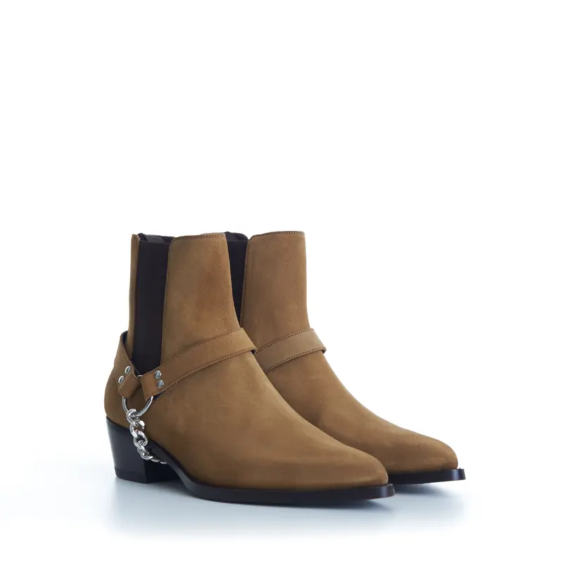 Camargue Biker Chelsea Boot - Dark Havana Brown Suede Calfskin, Chain