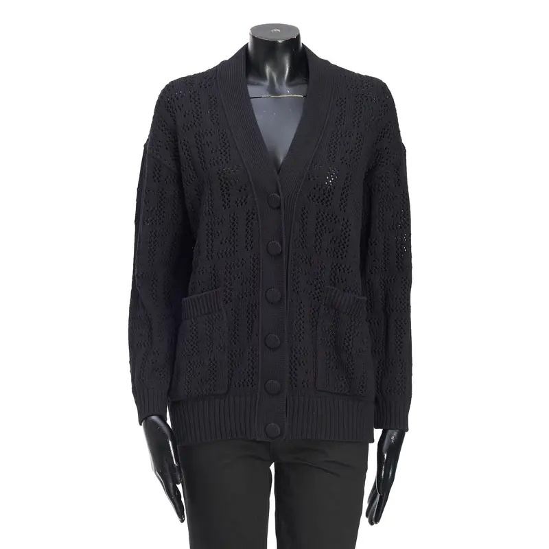 Cardigan In Black Perforated FF Motif Cotton