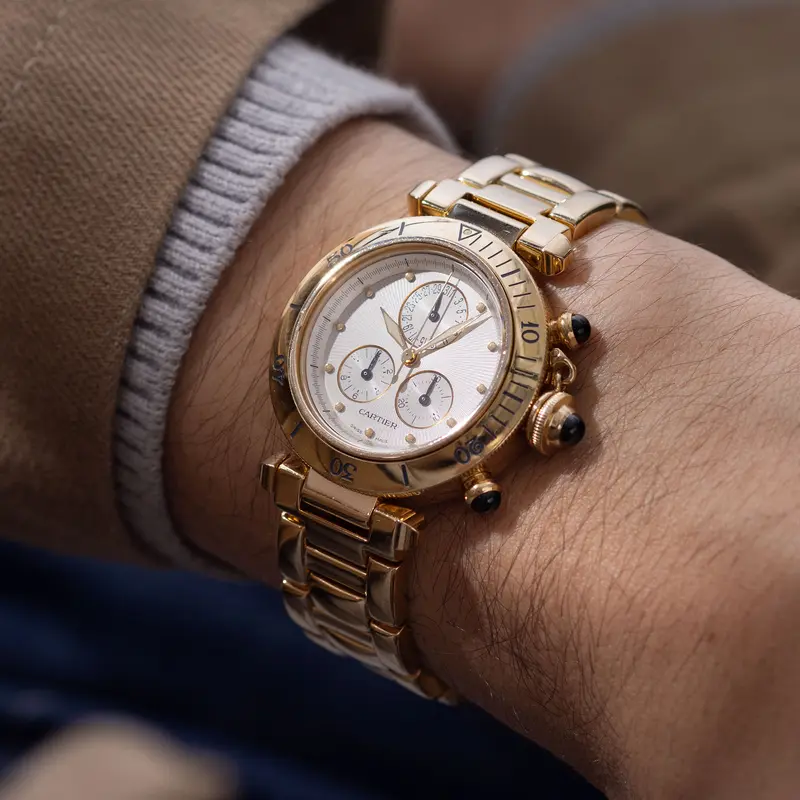 Cartier Pasha Chronograph Referenz 1353 1 18 Karat Gelbgold Box und Service Rechnung