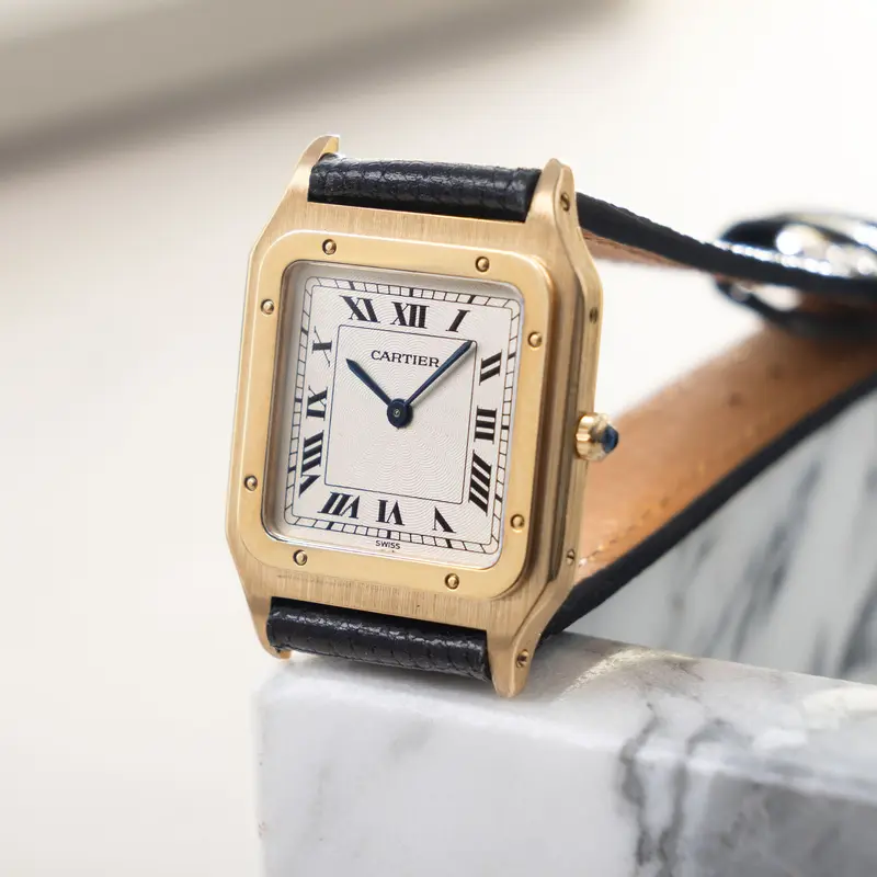 Cartier Santos Dumont Ultra-thin Guilloché Dial ref. 82105 in 18k Yellow Gold Box and Paper Set