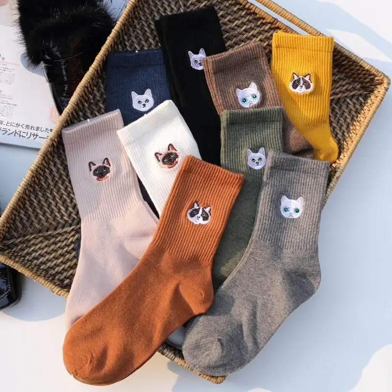 Cat Face Embroidery Crew Socks (9 Colours)