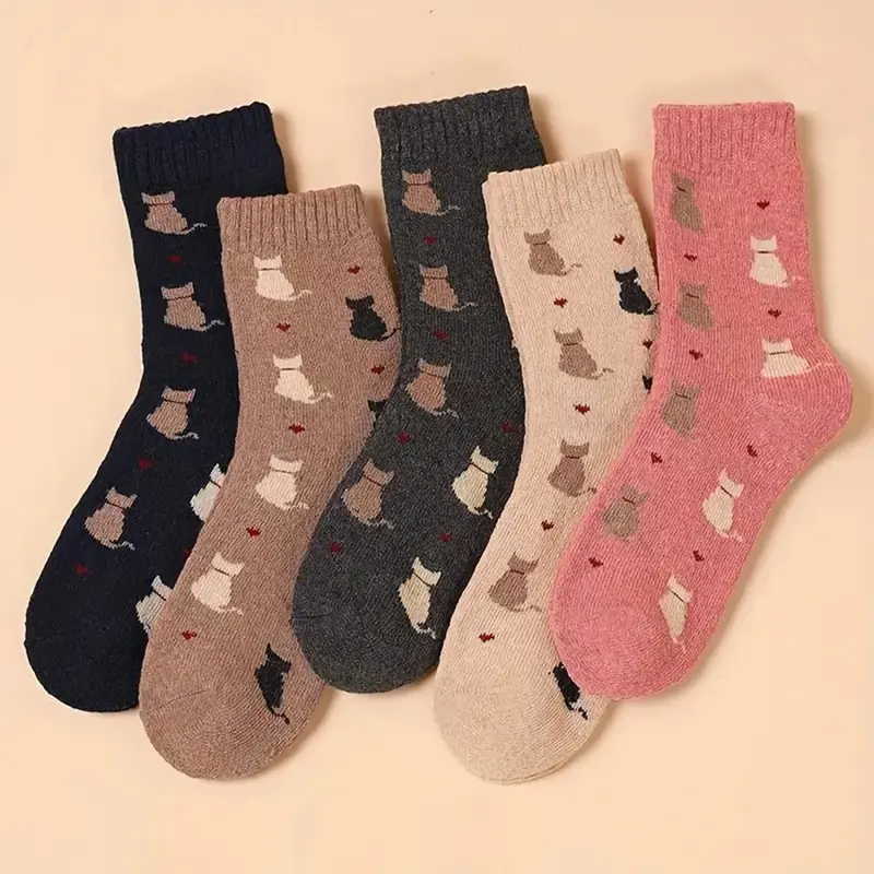 Cat Pattern Crew Sock Set (Set of 5 Pairs)