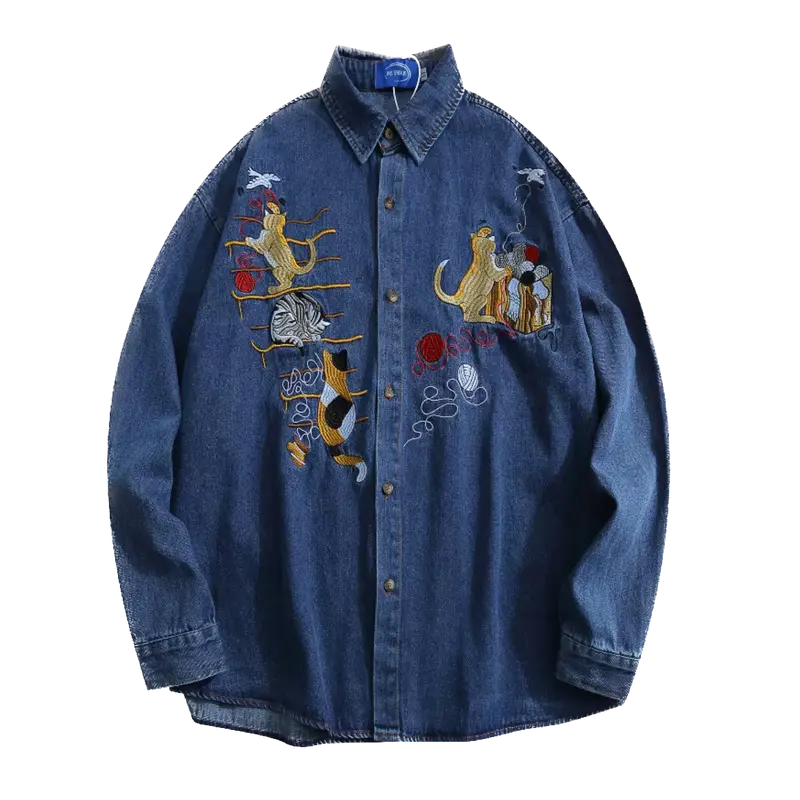 Cat Tower Embroidered Denim Shirt