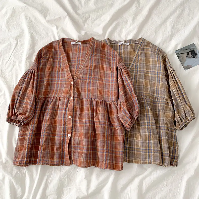 Check Button Peasant Blouse (2 Colours)