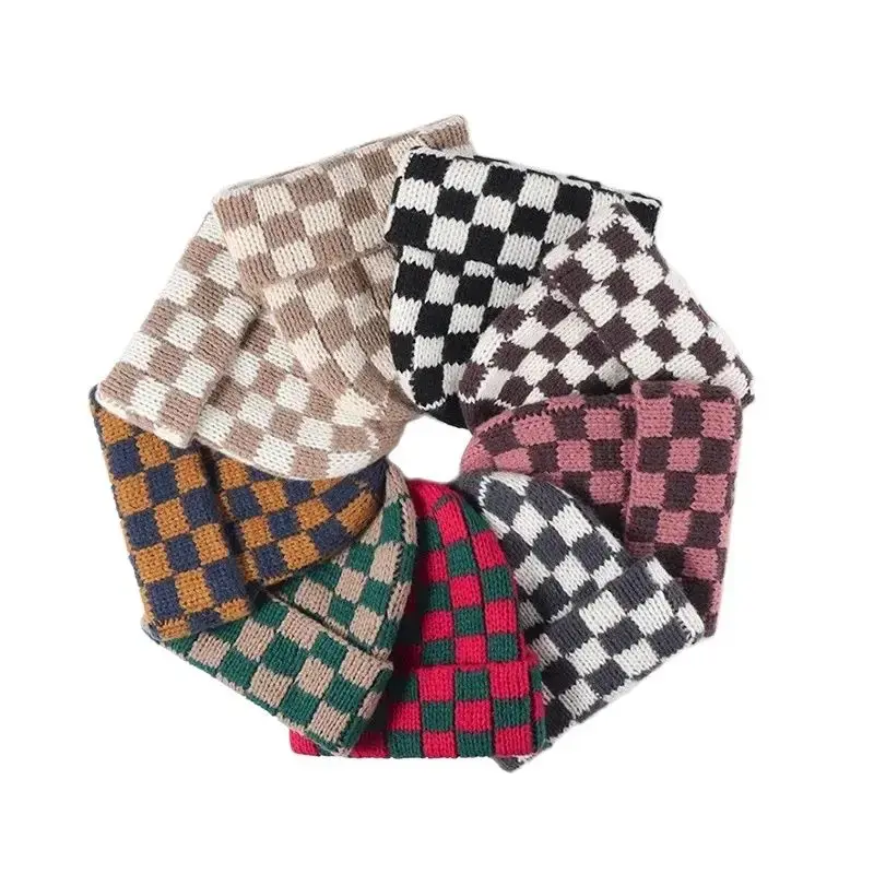 Checkerboard Knit Foldover Beanie Hat (9 Colours)