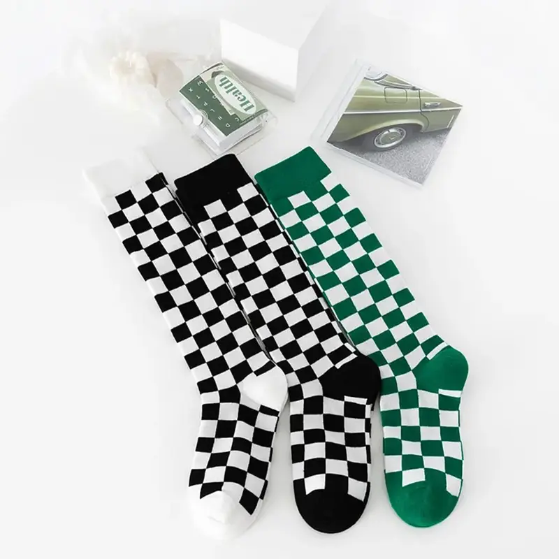 Checkerboard Pattern Calf Socks (3 Colours)